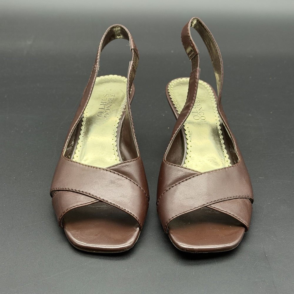 Franco Sarto Women's Brown Leather Slingback Wedge Sandals Cross Strap 8M EUC